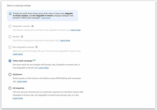 Select a campaign subtype