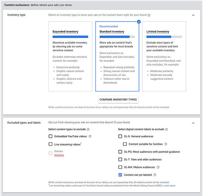 Content exclusions section